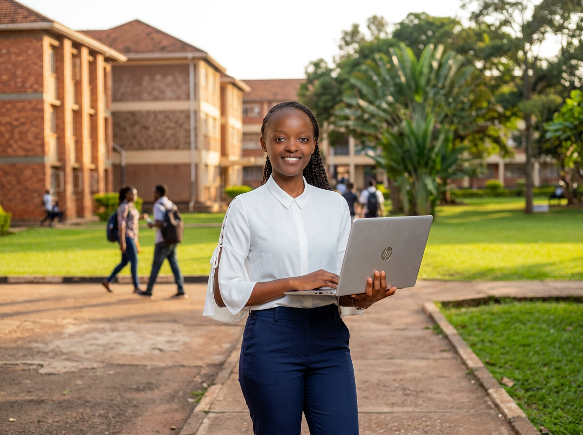 Smiling Ugandan university student with laptop, ready for work